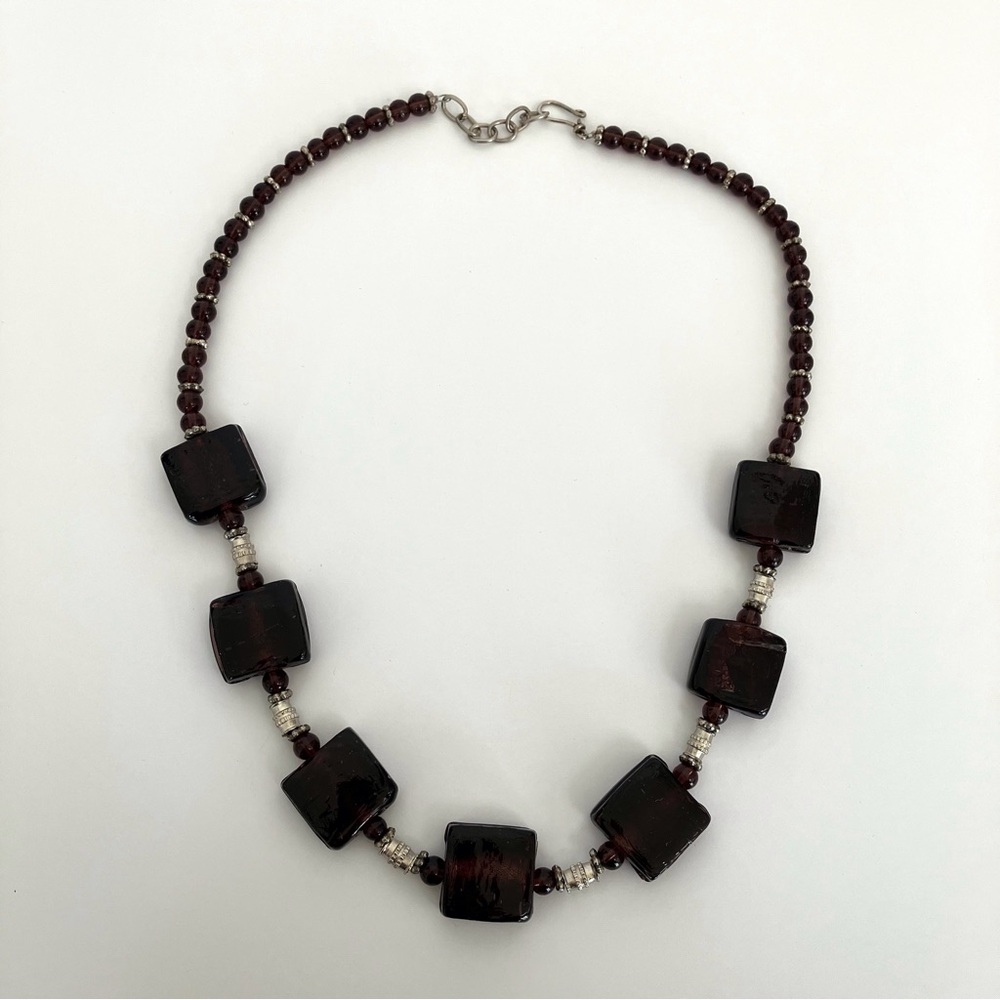 Vintage 1980 Brown Lucite Necklace square facets & crystal pearls 10.5”